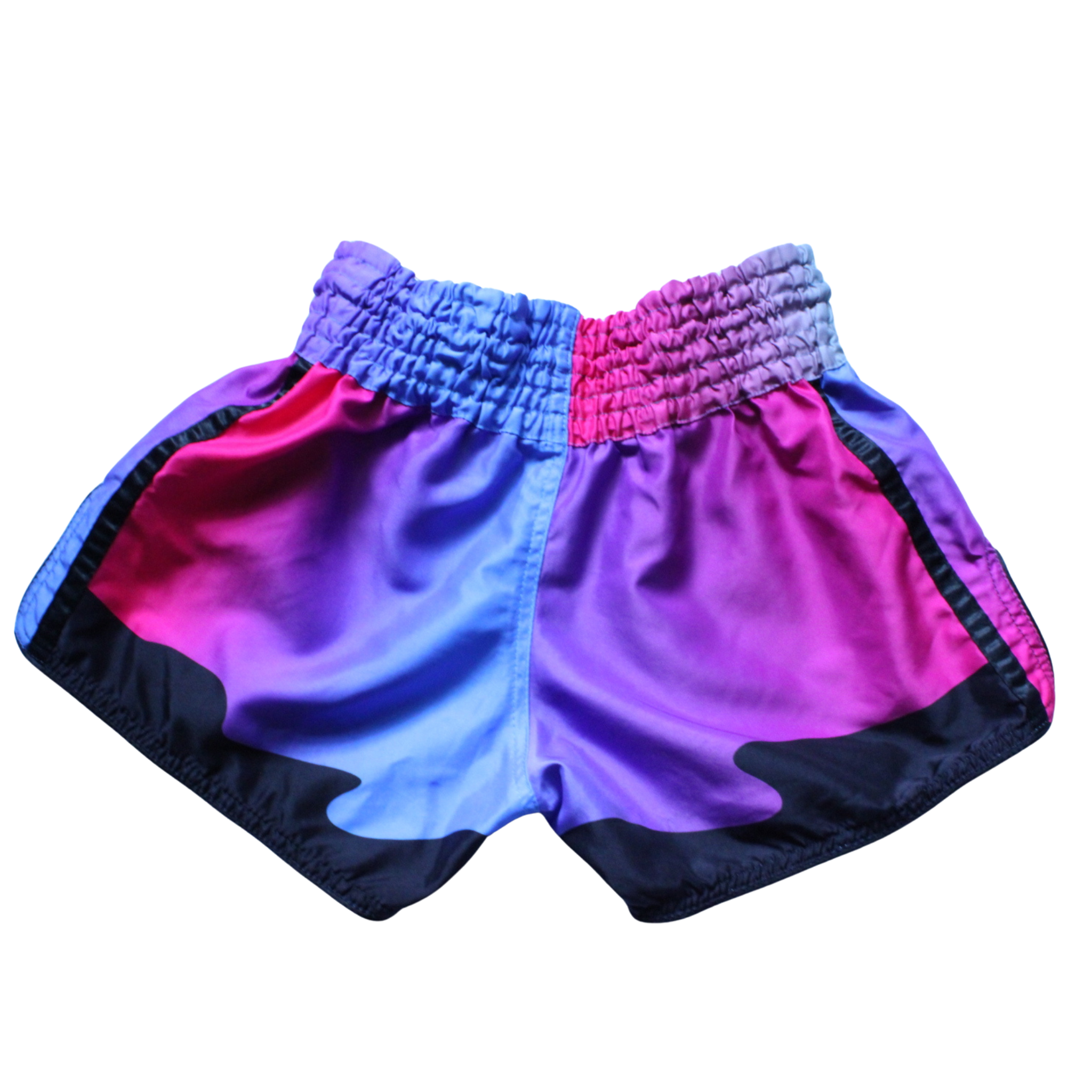 Colorful shorts with a pink and blue gradient design on a white background