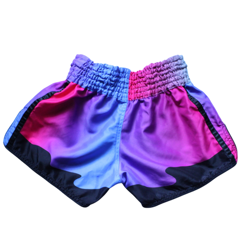 Colorful shorts with a pink and blue gradient design on a white background
