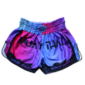 Colorful Muay Thai shorts with pink and blue gradient design on a white background.