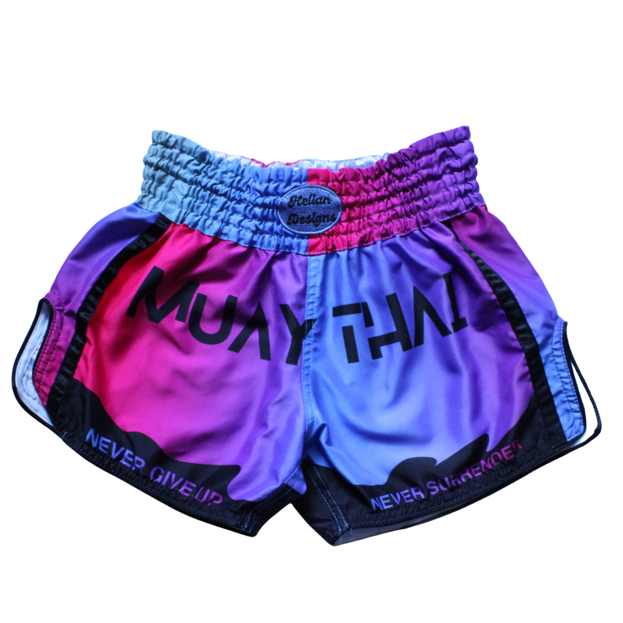 Colorful Muay Thai shorts with pink and blue gradient design on a white background.