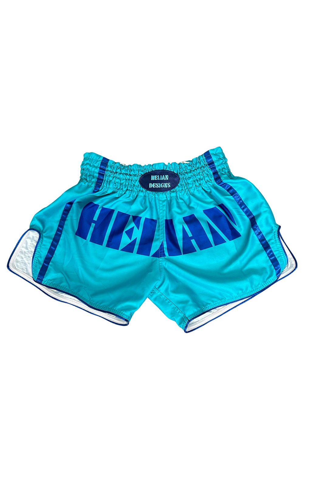 Turquoise shorts with blue lettering on a white background
