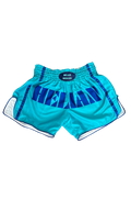 Turquoise shorts with blue lettering on a white background
