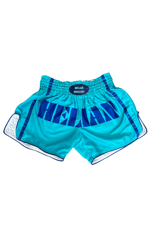 Turquoise shorts with blue lettering on a white background
